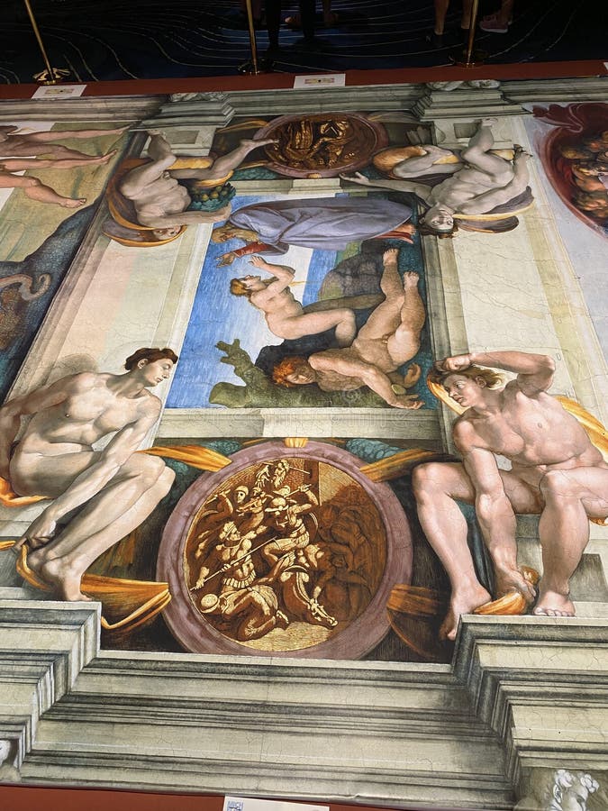 Jan 18, 2022, AUCKLAND, NEW ZEALAND: Close-up photo of Creation of Eve from the Book of Genesis ceiling fresco painting by Michelangelo in the Sistine Chapel during the Michelangelo exhibition