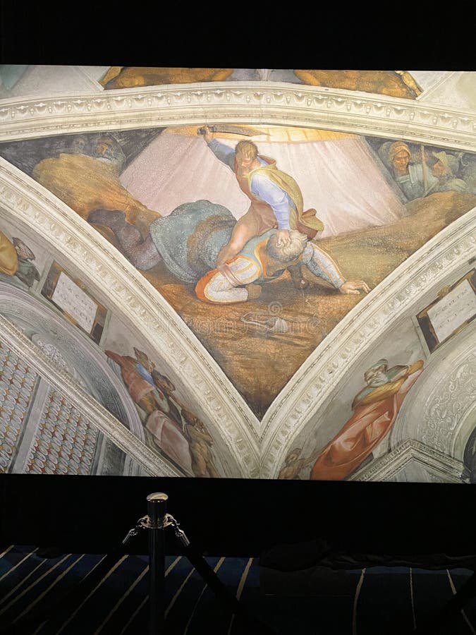 Jan 18, 2022, AUCKLAND, NEW ZEALAND: Close-up photo of David and Goliath ceiling fresco painting by Michelangelo in the Sistine Chapel during the Michelangelo exhibition