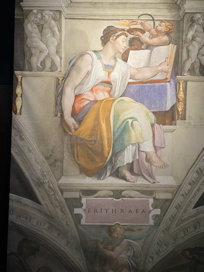 Jan 18, 2022, AUCKLAND, NEW ZEALAND: Close-up photo of The Eritrean Sibyl ceiling fresco painting by Michelangelo in the Sistine Chapel during the Michelangelo exhibition