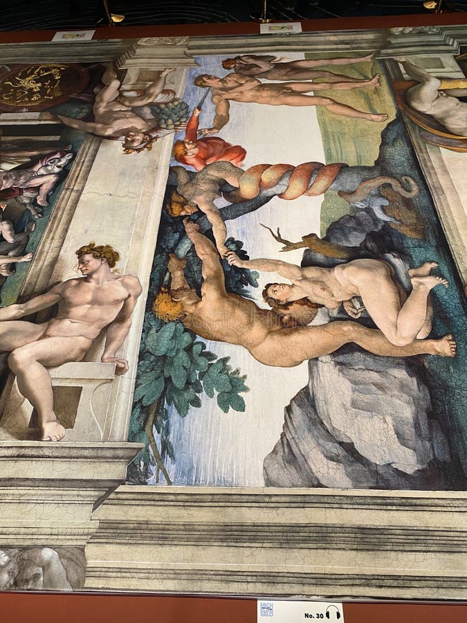 Jan 18, 2022, AUCKLAND, NEW ZEALAND: Close-up photo of Expulsion from the Garden of Eden from the Book of Genesis ceiling fresco painting by Michelangelo in the Sistine Chapel during the Michelangelo exhibition