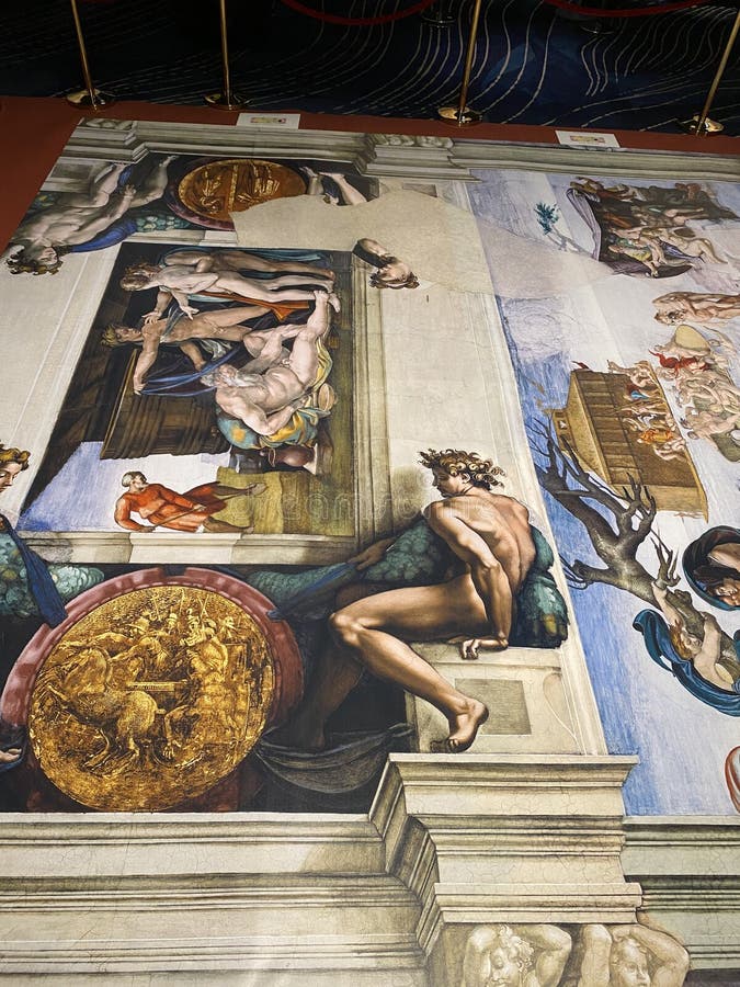 Jan 18, 2022, AUCKLAND, NEW ZEALAND: Close-up photo of The Flood from the Book of Genesis ceiling fresco painting by Michelangelo in the Sistine Chapel during the Michelangelo exhibition