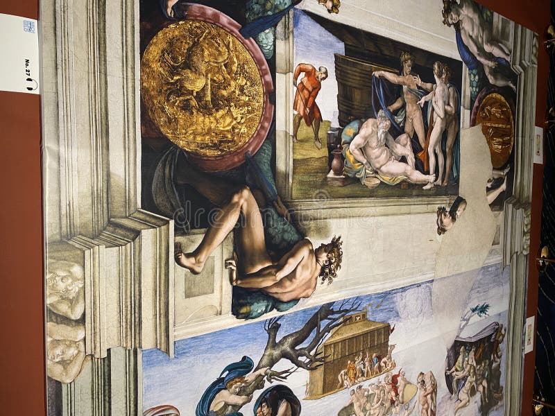 Jan 18, 2022, AUCKLAND, NEW ZEALAND: Close-up photo of The Flood from the Book of Genesis ceiling fresco painting by Michelangelo in the Sistine Chapel during the Michelangelo exhibition