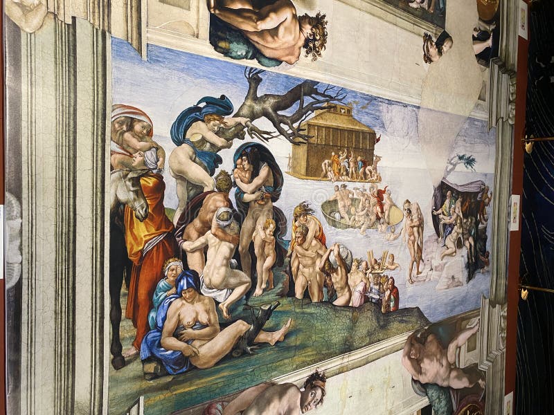 Jan 18, 2022, AUCKLAND, NEW ZEALAND: Close-up photo of The Flood from the Book of Genesis ceiling fresco painting by Michelangelo in the Sistine Chapel during the Michelangelo exhibition