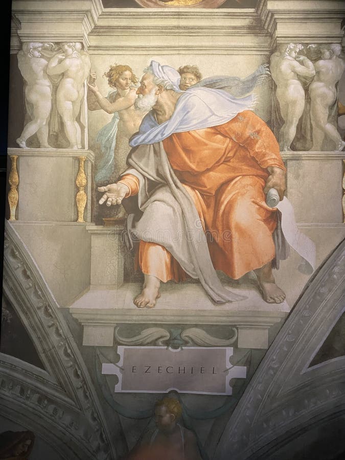 Jan 18, 2022, AUCKLAND, NEW ZEALAND: Close-up photo of The Prophet Ezekiel ceiling fresco painting by Michelangelo in the Sistine Chapel during the Michelangelo exhibition