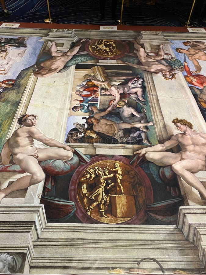 Jan 18, 2022, AUCKLAND, NEW ZEALAND: Close-up photo of Sacrifice of Noah from the Book of Genesis ceiling fresco painting by Michelangelo in the Sistine Chapel during the Michelangelo exhibition