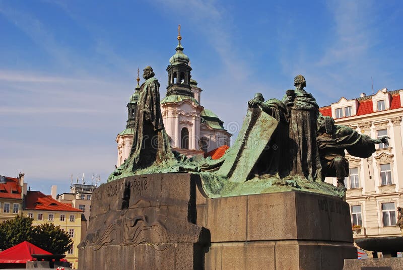 This image is taken in the Old Town Square, Prague in the Czech Republic. The monument shows victorious Hussite warriors & Protestants who were forced into exile. Hus was a key predecessor to the Protestant movement of the sixteenth century & an influential religious thinker, philosopher & reformer in Prague. This image is taken in the Old Town Square, Prague in the Czech Republic. The monument shows victorious Hussite warriors & Protestants who were forced into exile. Hus was a key predecessor to the Protestant movement of the sixteenth century & an influential religious thinker, philosopher & reformer in Prague.