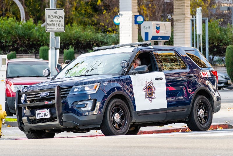 Jan 4, 2020 San Jose / CA / USA - San Jose Police Deaprtment vehicle performing surveillance duties in the downtown San Jose. Jan 4, 2020 San Jose / CA / USA - San Jose Police Deaprtment vehicle performing surveillance duties in the downtown San Jose