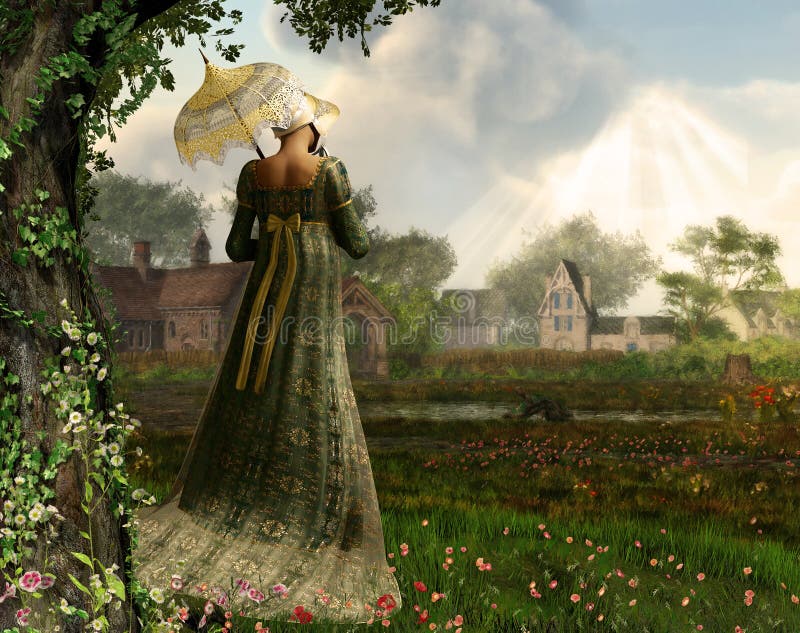 Jane Austen-stijlvrouw die platteland wandelen