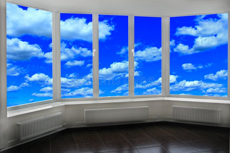 Janela da sala que negligencia o céu azul com nuvens brancas Paisagem celestial ilustração do vetor Janela da sala que negligencia o céu azul com nuvens brancas Paisagem celestial ilustração do vetor