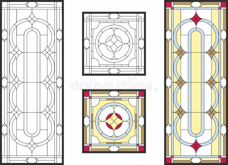 Abstract geometric floral pattern in a rectangular and square frame / Colorful stained glass window in classic style for ceiling or door panels, Tiffany technique. Vector set. Abstract geometric floral pattern in a rectangular and square frame / Colorful stained glass window in classic style for ceiling or door panels, Tiffany technique. Vector set