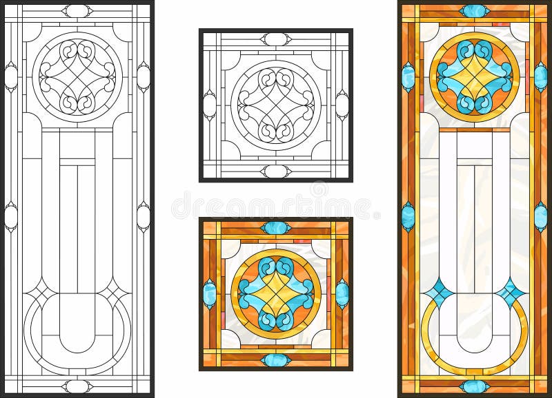 Abstract geometric floral pattern in a rectangular and square frame / Colorful stained glass window in classic style for ceiling or door panels, Tiffany technique. Vector set. Abstract geometric floral pattern in a rectangular and square frame / Colorful stained glass window in classic style for ceiling or door panels, Tiffany technique. Vector set.