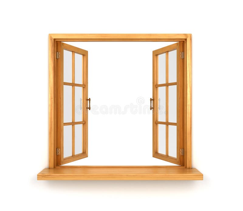 Janela dobro de madeira aberta isolada ilustração stock Janela dobro de madeira aberta isolada ilustração stock