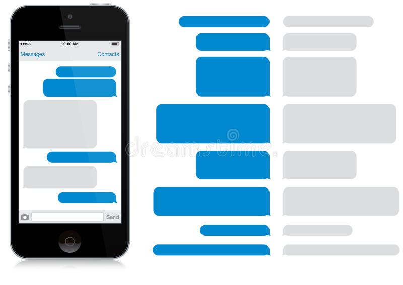 A modern smart phone displaying a chat window (app) on screen, with extra talk bubbles. A modern smart phone displaying a chat window (app) on screen, with extra talk bubbles