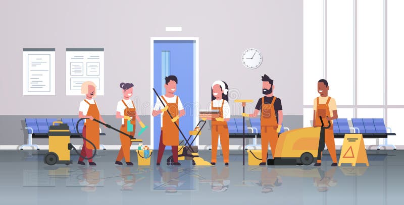 Janitors team cleaning service concept male female cleaners in uniform working together with professional equipment