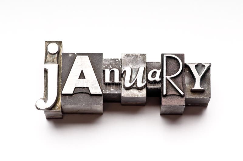 The month of January done in letterpress type on a white paper background.