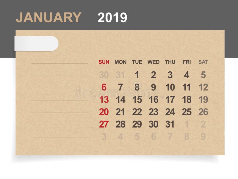 Januari 2019 - månatlig kalender på bakgrund för brunt papper och trä vektor illustrationer Januari 2019 - månatlig kalender på bakgrund för brunt papper och trä vektor illustrationer