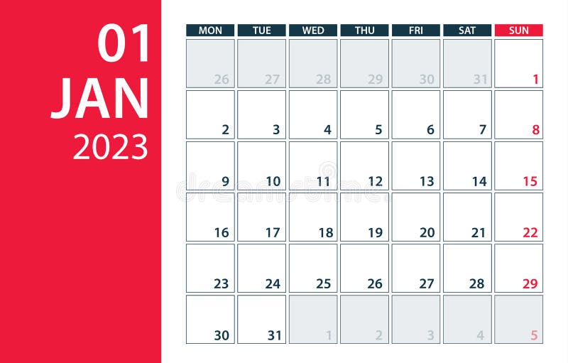 January 2023 Calendar Planner Vector Template Mock Up Stock