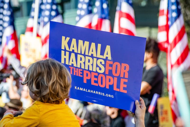 January 27, 2019 Oakland / CA / USA - `Kamala Harris for the people` sign at the Kamala Harris for President Campaign Launch Rally held in Frank H Ogawa Plaza in downtown Oakland