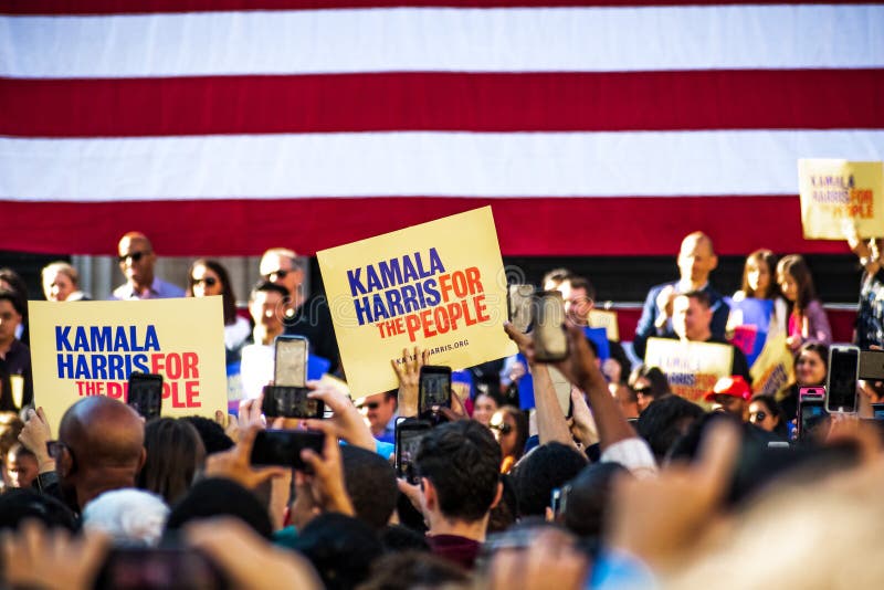 January 27, 2019 Oakland / CA / USA - `Kamala Harris for the people` signs at the Kamala Harris for President Campaign Launch Rally held in Frank H Ogawa Plaza in downtown Oakland