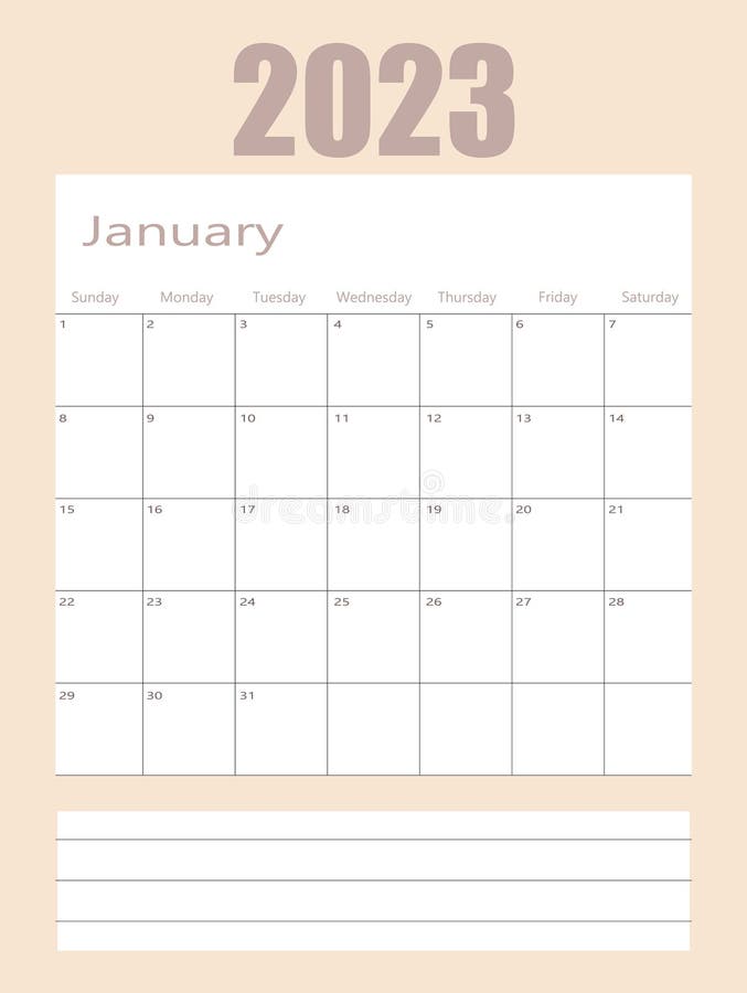 January 2023 Planner Calendar Page Design Printable Blank Stock Vector
