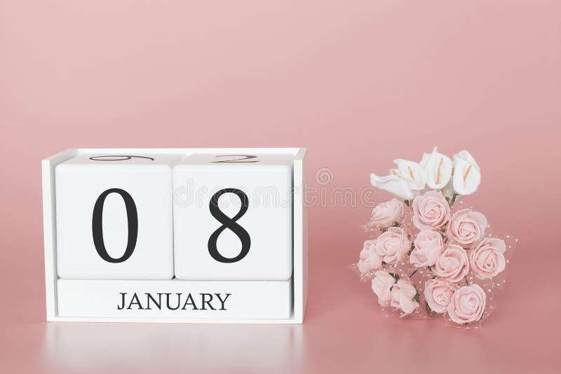 January 08th. Day 8 of month. Calendar cube on modern pink background, concept of bussines and an importent event