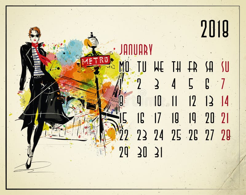 janvier Calendrier de 2018 Européens avec la fille de mode illustration stock janvier Calendrier de 2018 Européens avec la fille de mode illustration stock