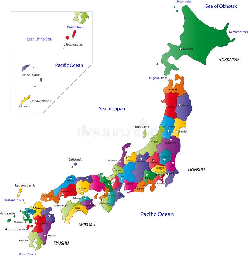 Japonsko mapě navržen v ilustraci s regiony, barvy v jasných barvách.