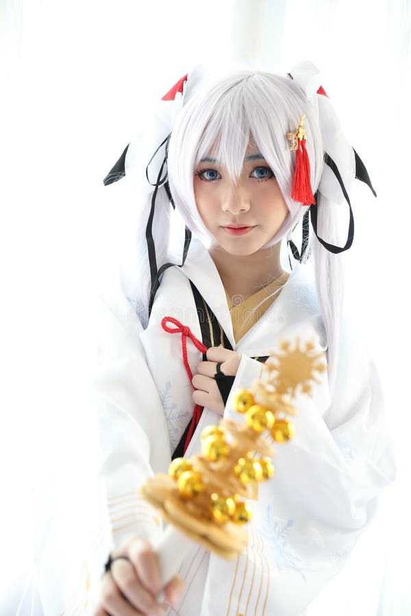 Japan Anime Cosplay , White Japanese Miko in White Tone Room Stock Photo -  Image of hair, happy: 135484640