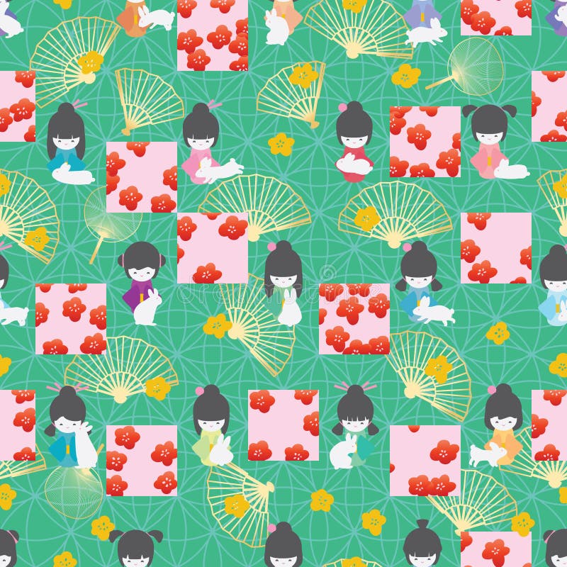 Japan doll rabbit symmetry square Sakura style seamless pattern