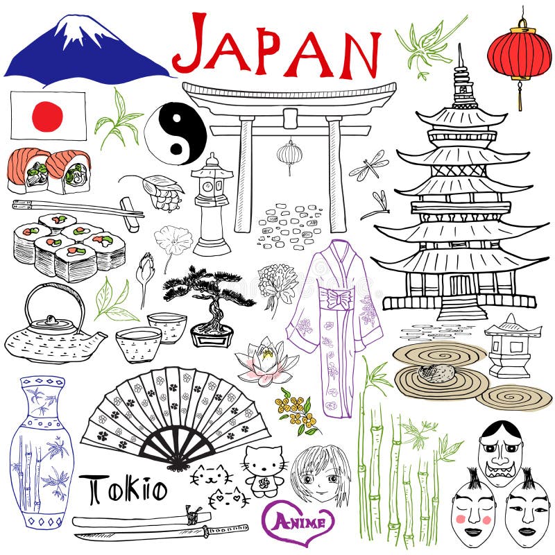 Japan Doodles Elements. Hand Drawn Sketch Set with Fujiyama Mountain ...