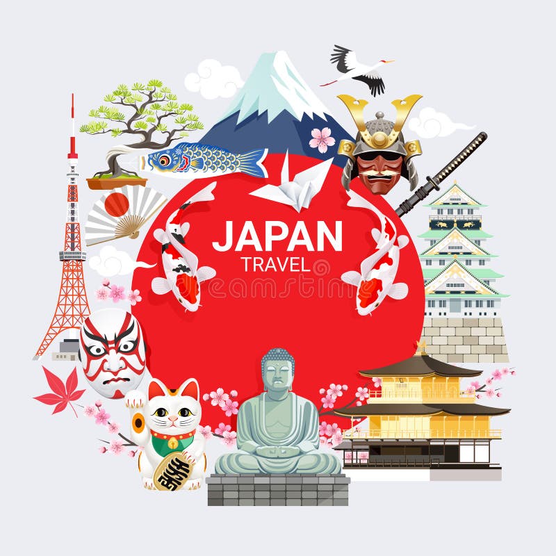 Japan famous landmarks travel background with tokyo tower, fuji mountain, shrine, castle, temple, sakura stock illustration Japan famous landmarks travel background with tokyo tower, fuji mountain, shrine, castle, temple, sakura stock illustration