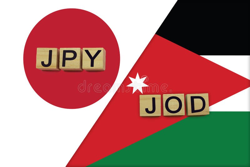 Japan and Jordan currencies codes on national flags background royalty free illustration