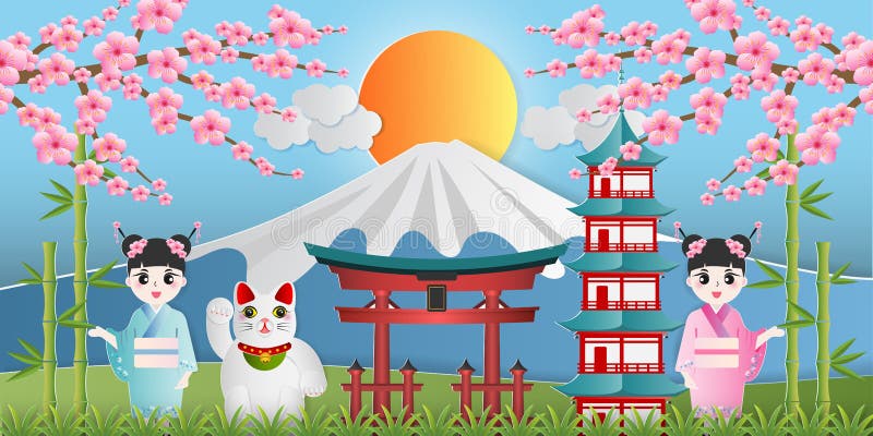 Japan landmark travel banner with girl in kimono dress, maneki neko, cherry blossom, bamboo and fuji mountain stock illustration Japan landmark travel banner with girl in kimono dress, maneki neko, cherry blossom, bamboo and fuji mountain stock illustration