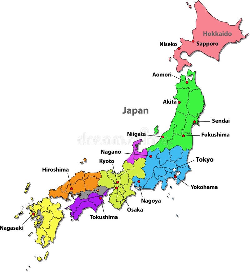 Barevná mapa Japonska s regiony na bílém pozadí.