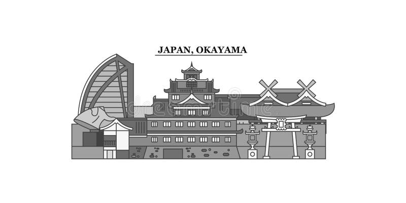 Japan, Okayama city skyline isolated vector illustration, icons stock illustration