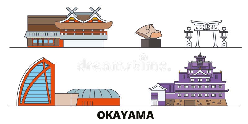 Japan, Okayama flat landmarks vector illustration. Japan, Okayama line city with famous travel sights, skyline, design. vector illustration