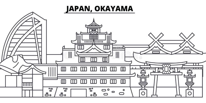 Japan, Okayama line skyline vector illustration. Japan, Okayama linear cityscape with famous landmarks, city sights royalty free illustration