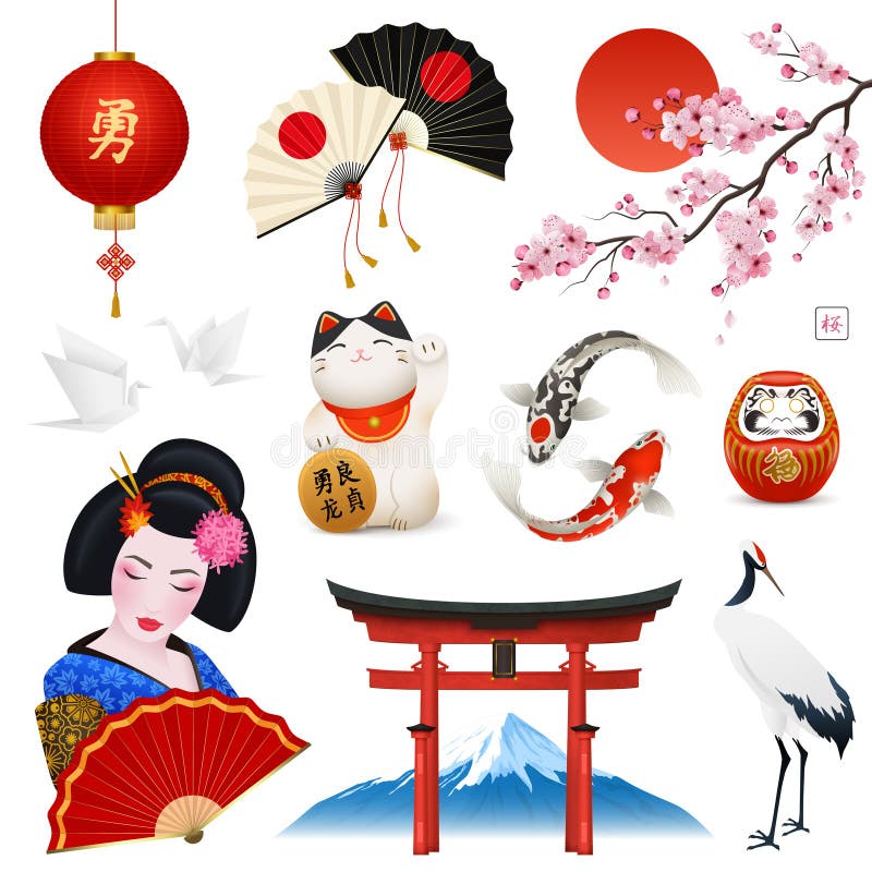 Japan Realistic Symbols Set vector illustration Japan Realistic Symbols Set vector illustration