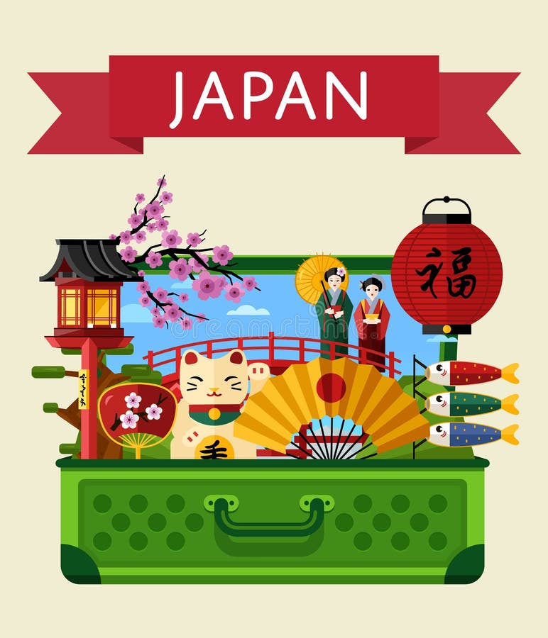 Japan-Reisefahne mit berühmten Anziehungskräften vektor abbildung Japan-Reisefahne mit berühmten Anziehungskräften vektor abbildung
