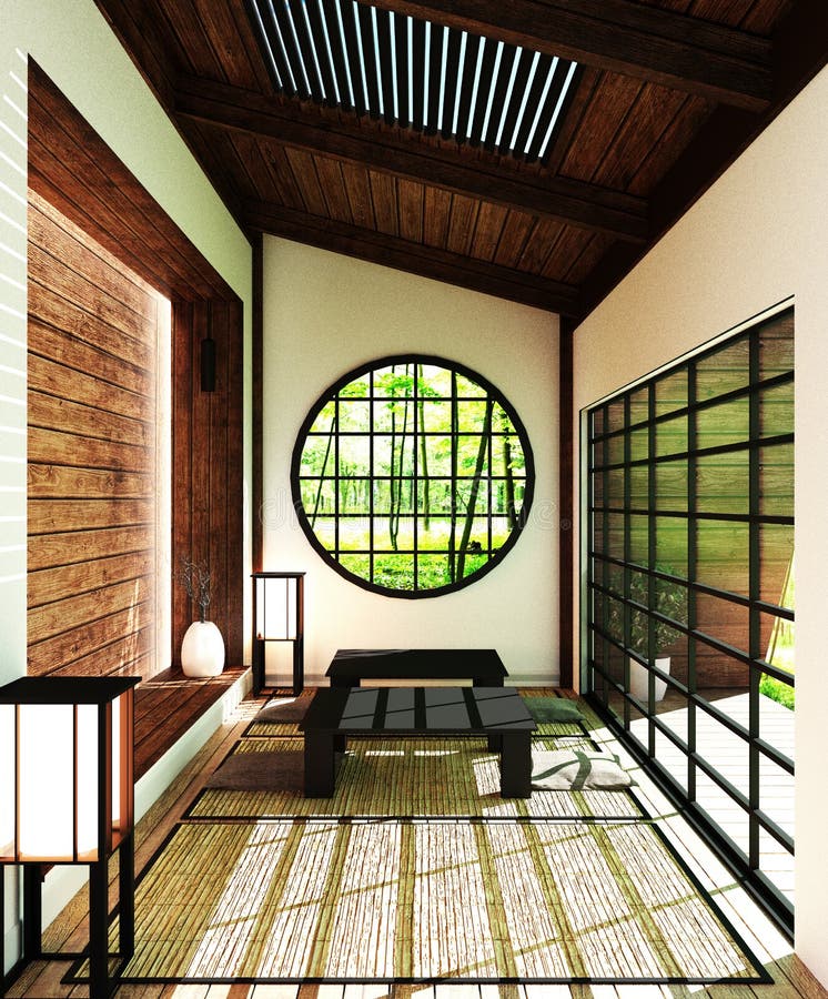Mock Up Japan Room - Modern Living Room with Windows, Door, Table and ...
