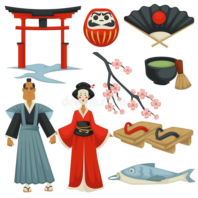 Japan som reser kläder och arkitektur för kultursymbolkokkonst stock illustrationer Japan som reser kläder och arkitektur för kultursymbolkokkonst stock illustrationer