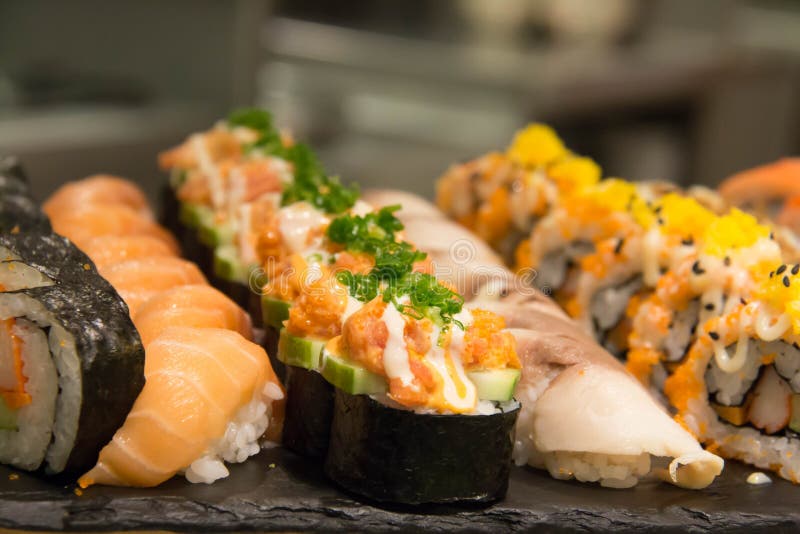 Japan sushi and roll set stock image. Image of fish 129179569
