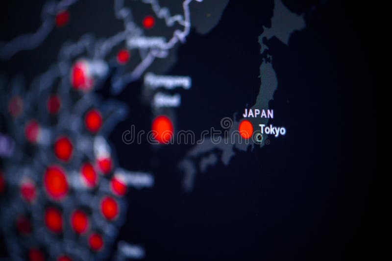 Japan, Tokyo . Coronavirus COVID-19 global cases Map. Red Dot showing the number of infected. Johns Hopkins University map on