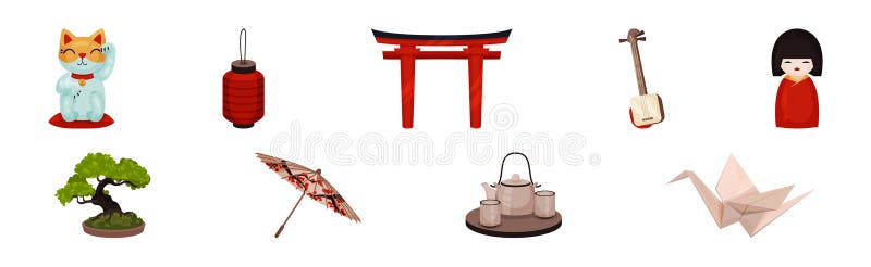 Japan Travel Symbols with Shamisen, Lantern, Beckoning Cat, Doll Figurine, Torii Gate, Bonsai Tree and Origami Vector