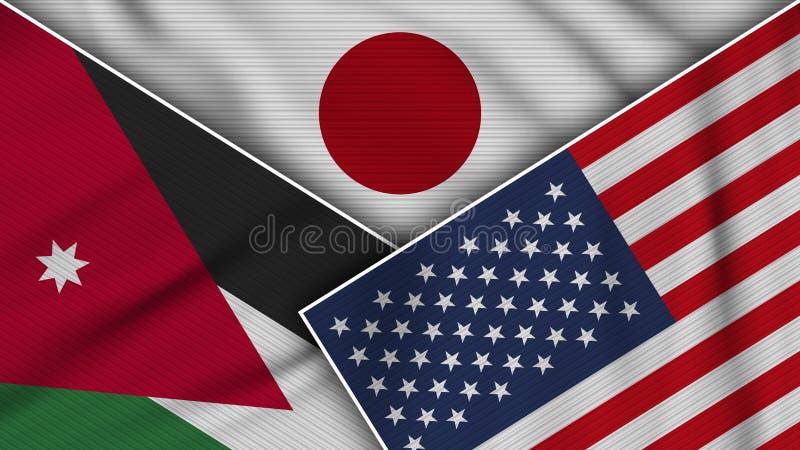 Japan United States of America Jordan Flags Together Fabric Texture Illustration stock illustration