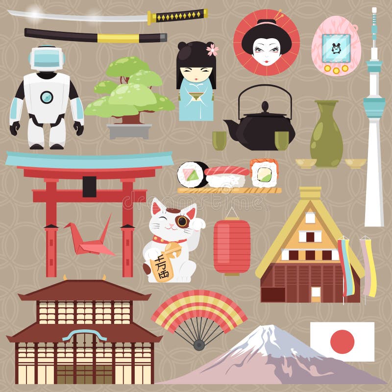 Japan vector japanese culture and architecture or oriental cuisine sushi in Tokyo illustration set of Japanization stock illustration Japan vector japanese culture and architecture or oriental cuisine sushi in Tokyo illustration set of Japanization stock illustration