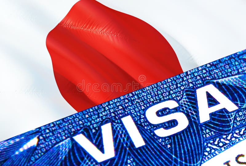 Japan visa document close up. Passport visa on Japan flag. Japan visitor visa in passport,3D rendering. Japan multi entrance in royalty free illustration