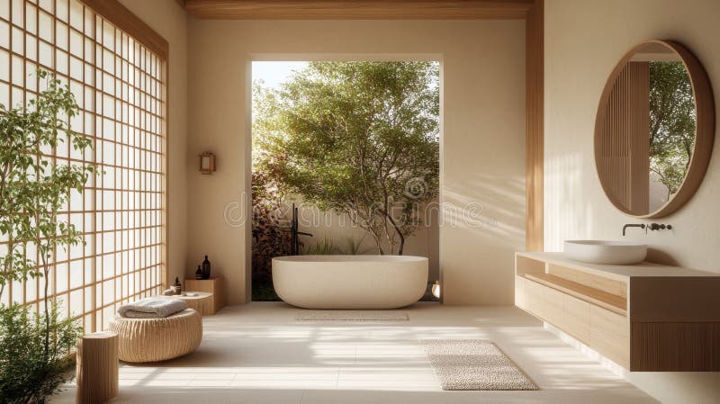 Japandi Bathroom Design, Sunlight Fills the Minimalist Japandi Bathroom, Emphasizing the Clean ...