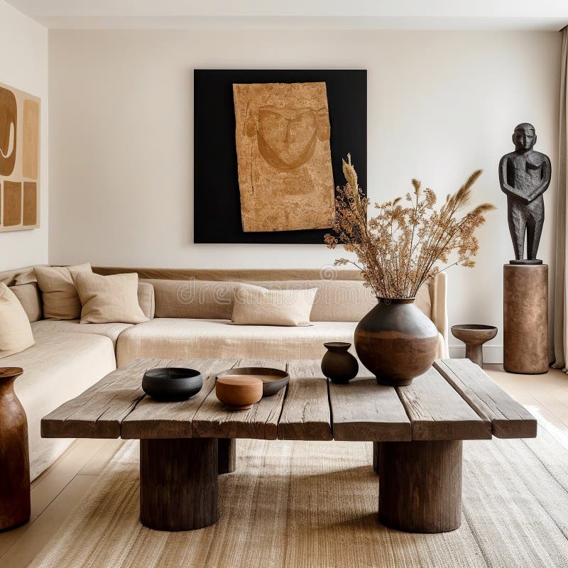 Japandi home design interiore del moderno salotto. tavolino di legno stagnato vicino a un divano ad angolo in tessuto beige. ai royalty illustrazione gratis