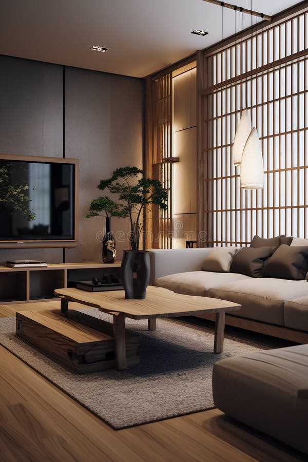 Japandi Style Interior of Living Room in Modern Luxury House Stock ...